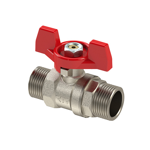 Кран шаровой ручка бабочка, латунь, наружная/наружная резьба 1,PN25 индивидуальная упаковка, никель, RTP