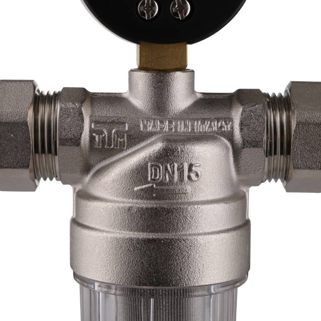 Фильтр с манометром TIEMME 1/2 со сгонами, с прозрачной пластиковой колбой, промывной, 3130002