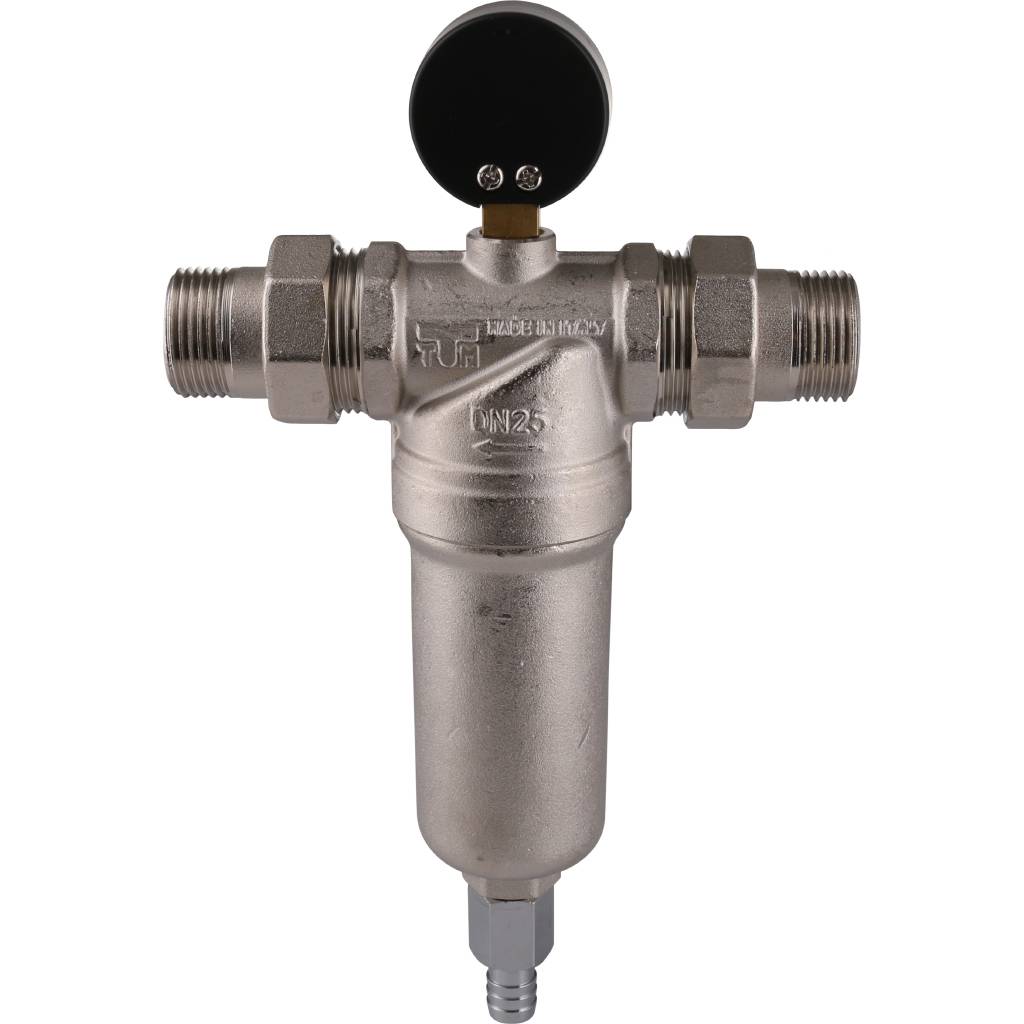 Фильтр с манометром TIEMME 1 со сгонами, с латунной колбой, промывной, 3130004