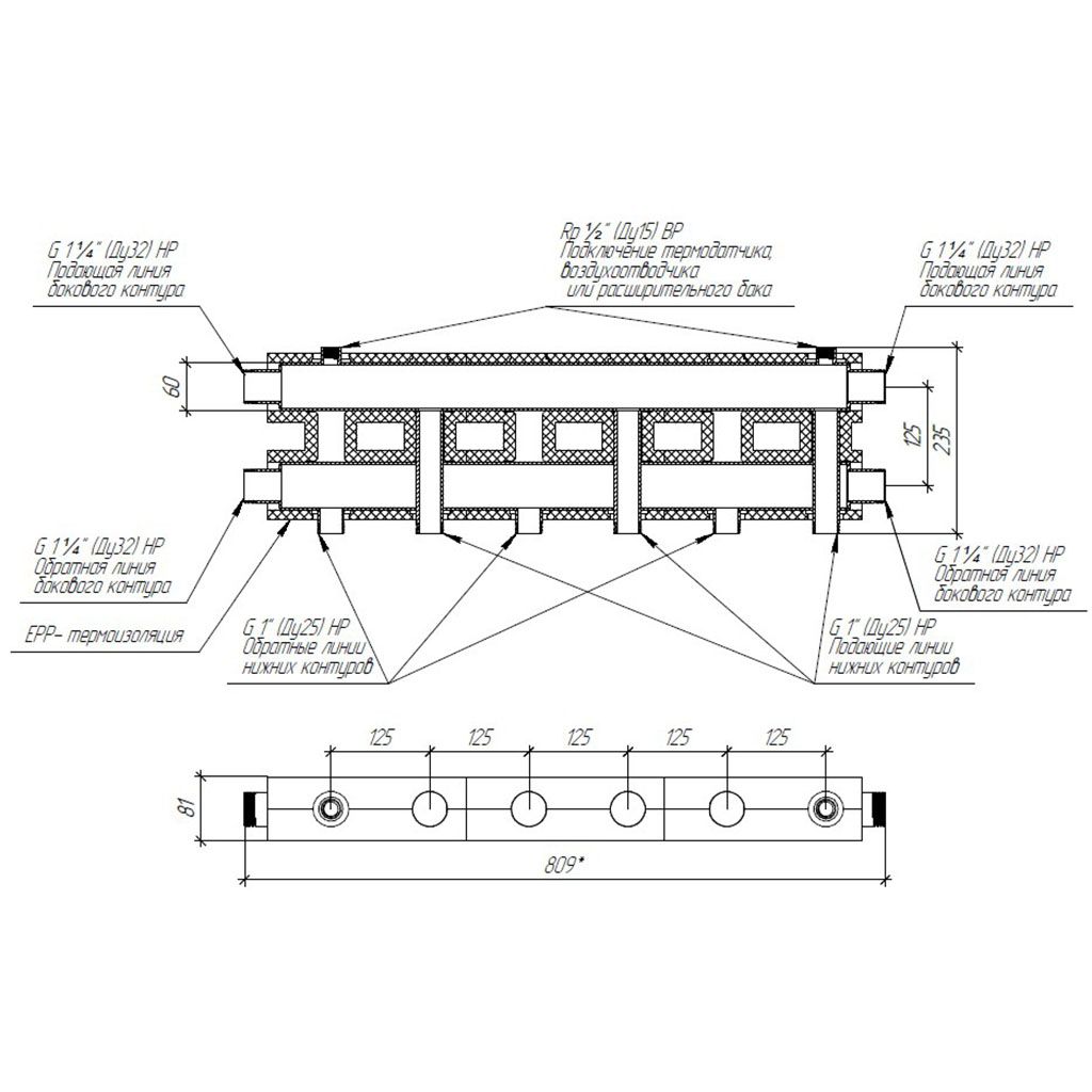Модульный коллектор GIDRUSS MK-100-3.EPP (до 100 кВт, 2 магистрали G 1, 3 контура G 1, EPP-термоизоляция, 4D-кронштейны K.UMS, цвет черный муар с серебром, универсальное подключение термодатчика)