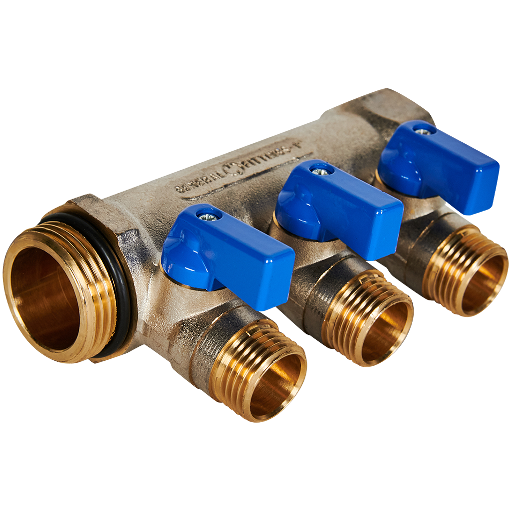 Коллектор с шаровыми кранами STOUT 1 , 3 отвода 1/2  (синие ручки)