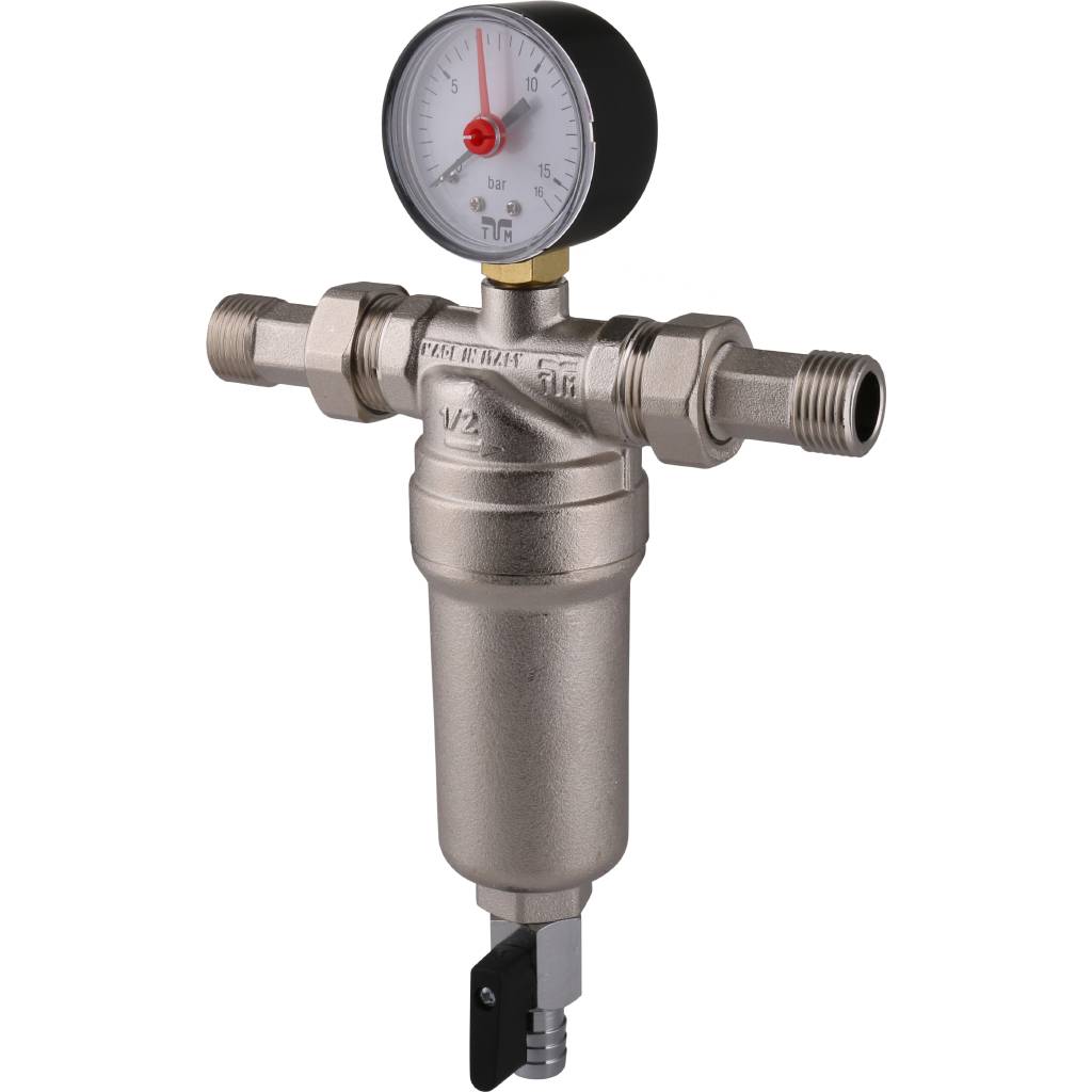 Фильтр с манометром TIEMME 1/2 со сгонами, с латунной колбой, промывной, 3130001