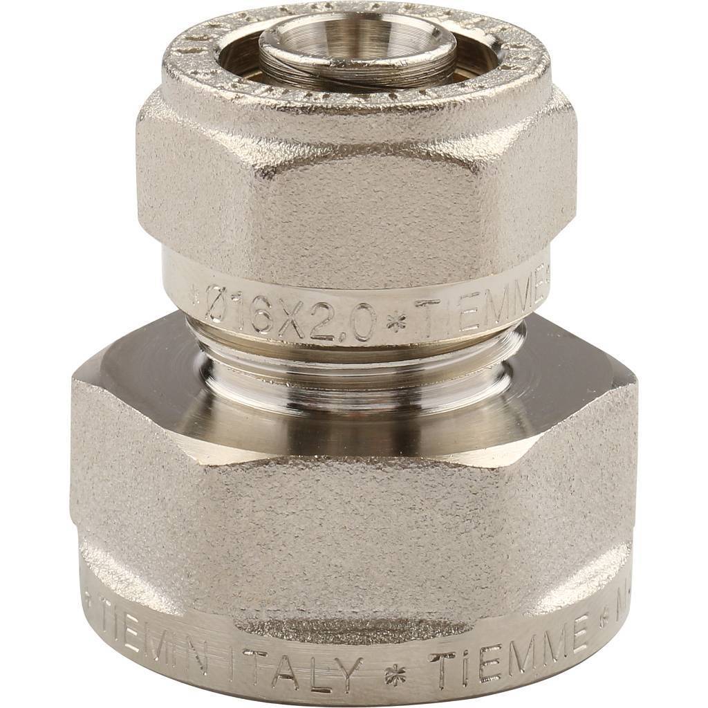 Муфта TIEMME с внутренней резьбой (16х2.0х3/4) для металлопластиковых труб винтовой, 1600035