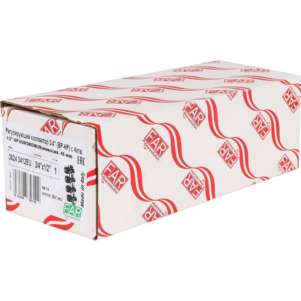 Коллектор распределительный FAR 3/4 , проходной, хромированный, 4 отвода 1/2  ЕК