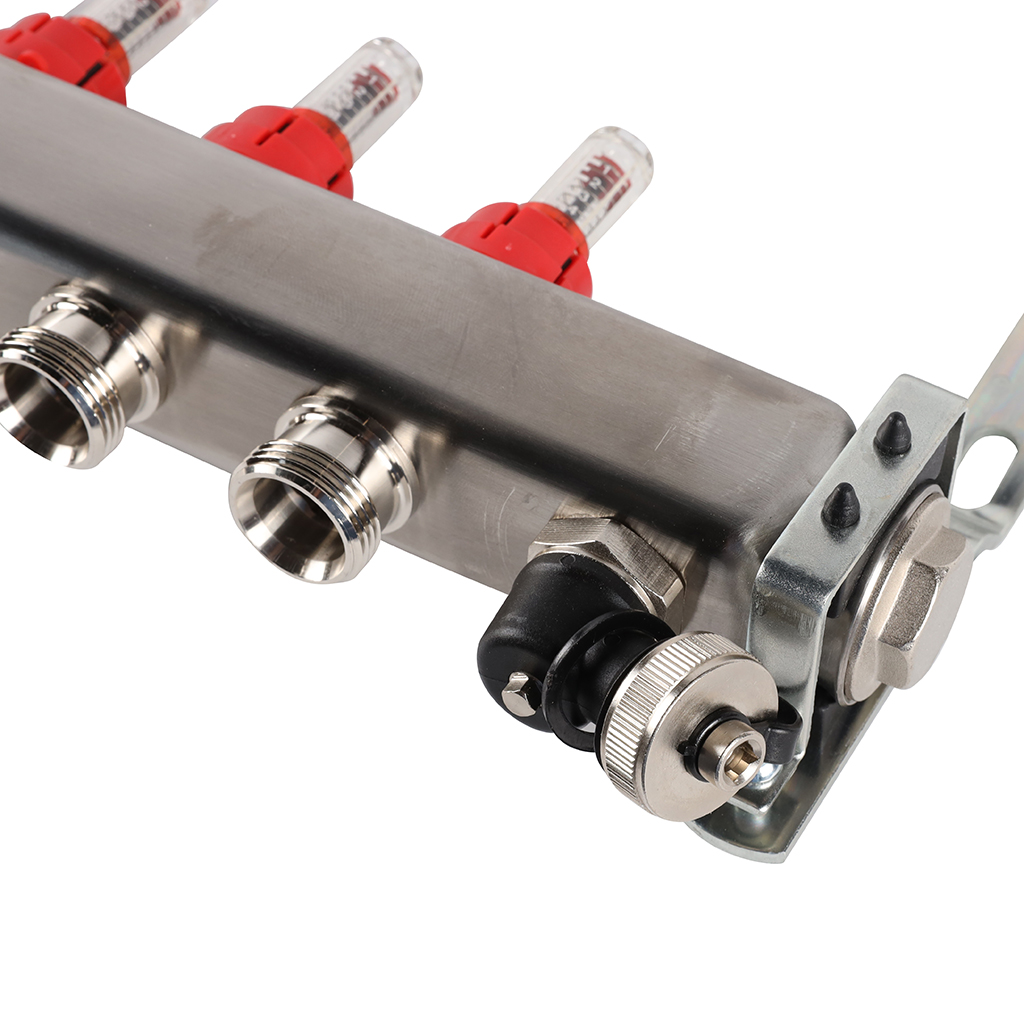 Коллектор из нержавеющей стали с расходомерами ROMMER, с клапаном вып. воздуха и сливом 7 выходов, RMS-1201-000007