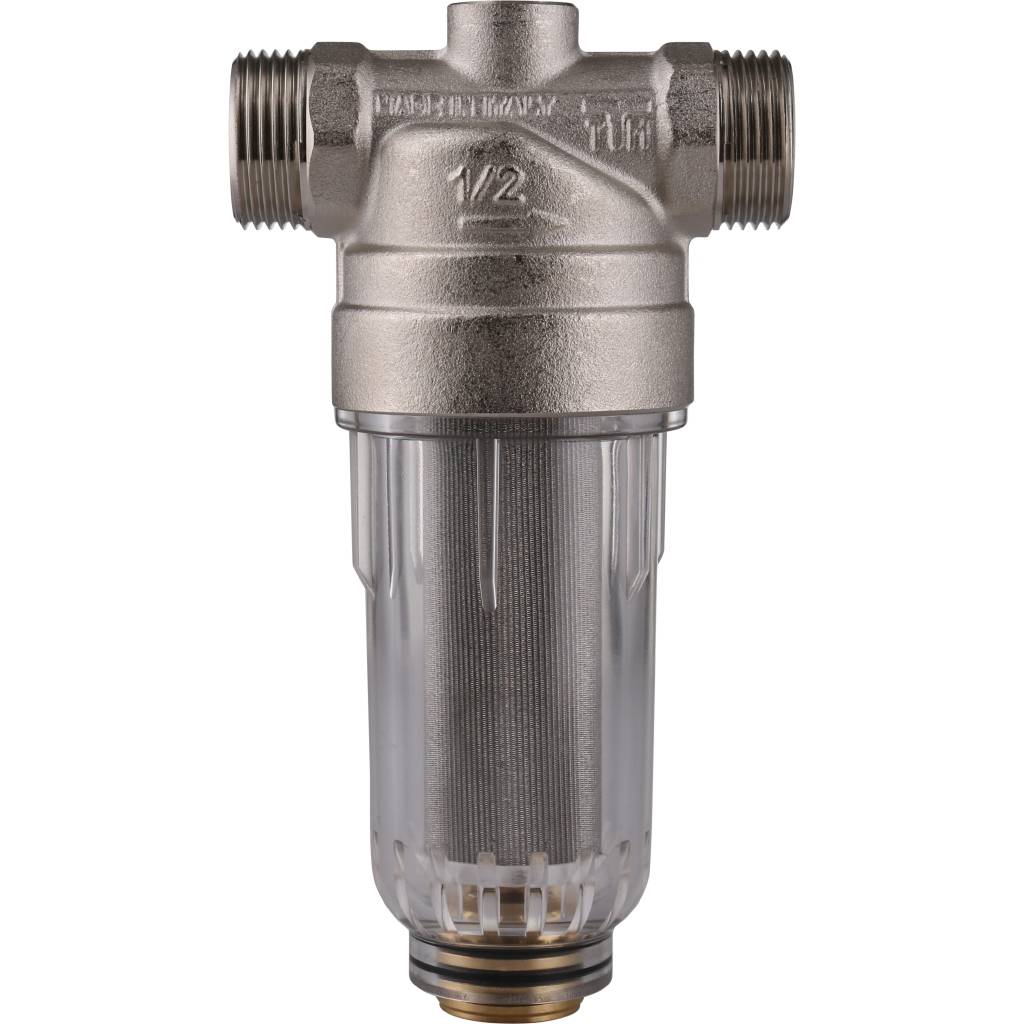 Фильтр с манометром TIEMME 1/2 со сгонами, с прозрачной пластиковой колбой, промывной, 3130002