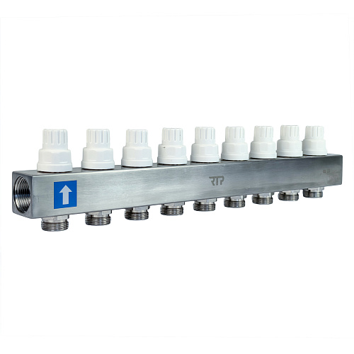 Коллекторная группа с расходомером и кронштейном (евроконус 3/4) нержавеющая сталь SUS 304 1х 9 выходов, RTP