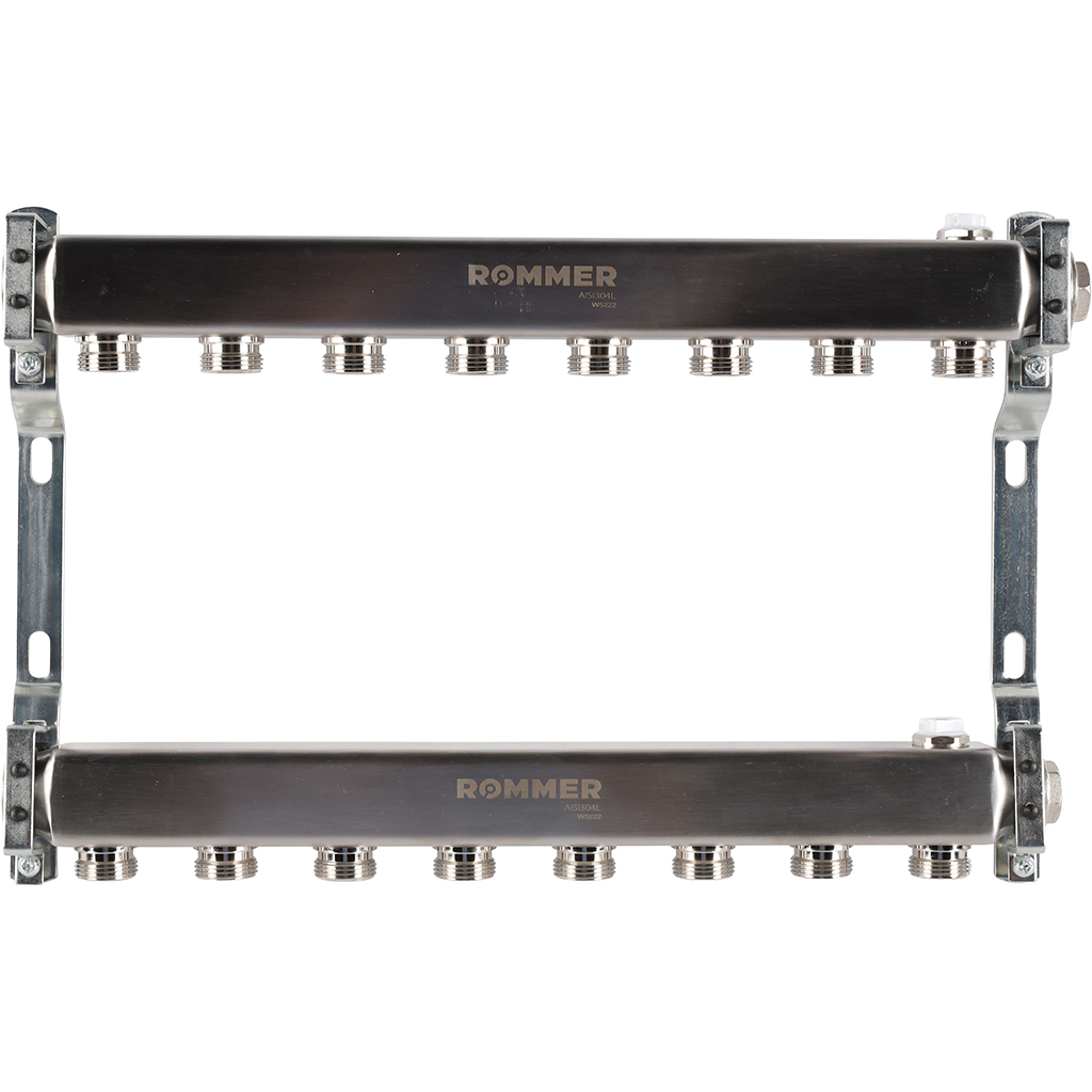 Коллектор из нержавеющей стали ROMMER для радиаторной разводки 8 выходов, RMS-4401-000008