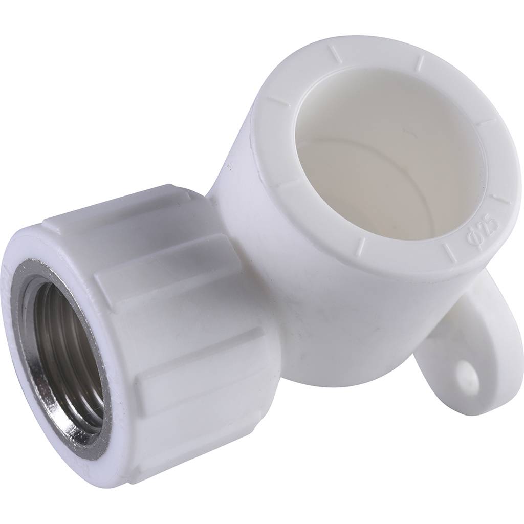 Угольник Политэк 25х1/2 с внутренней резьбой с креплением для полипропиленовых труб под сварку (цвет белый)