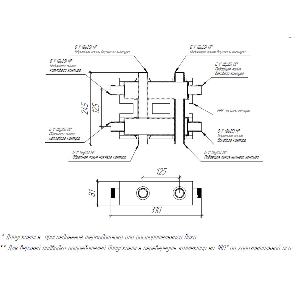 Модульный коллектор GIDRUSS MK-60-3DU.EPP (до 60 кВт, магистраль G 1, 2+1 контура G 1, EPP-термоизоляция, кронштейны K.UMS, цвет черный муар с серебром)
