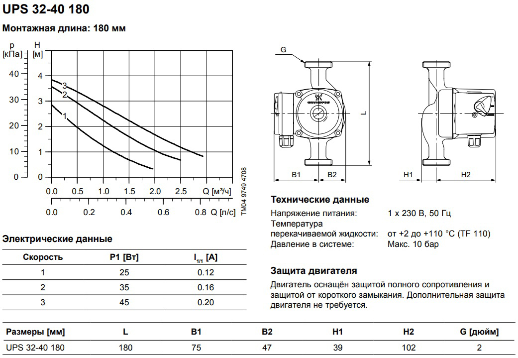 Насос циркуляционный/ бытовой Grundfos UPS 32-40 1х230 В, 96281389