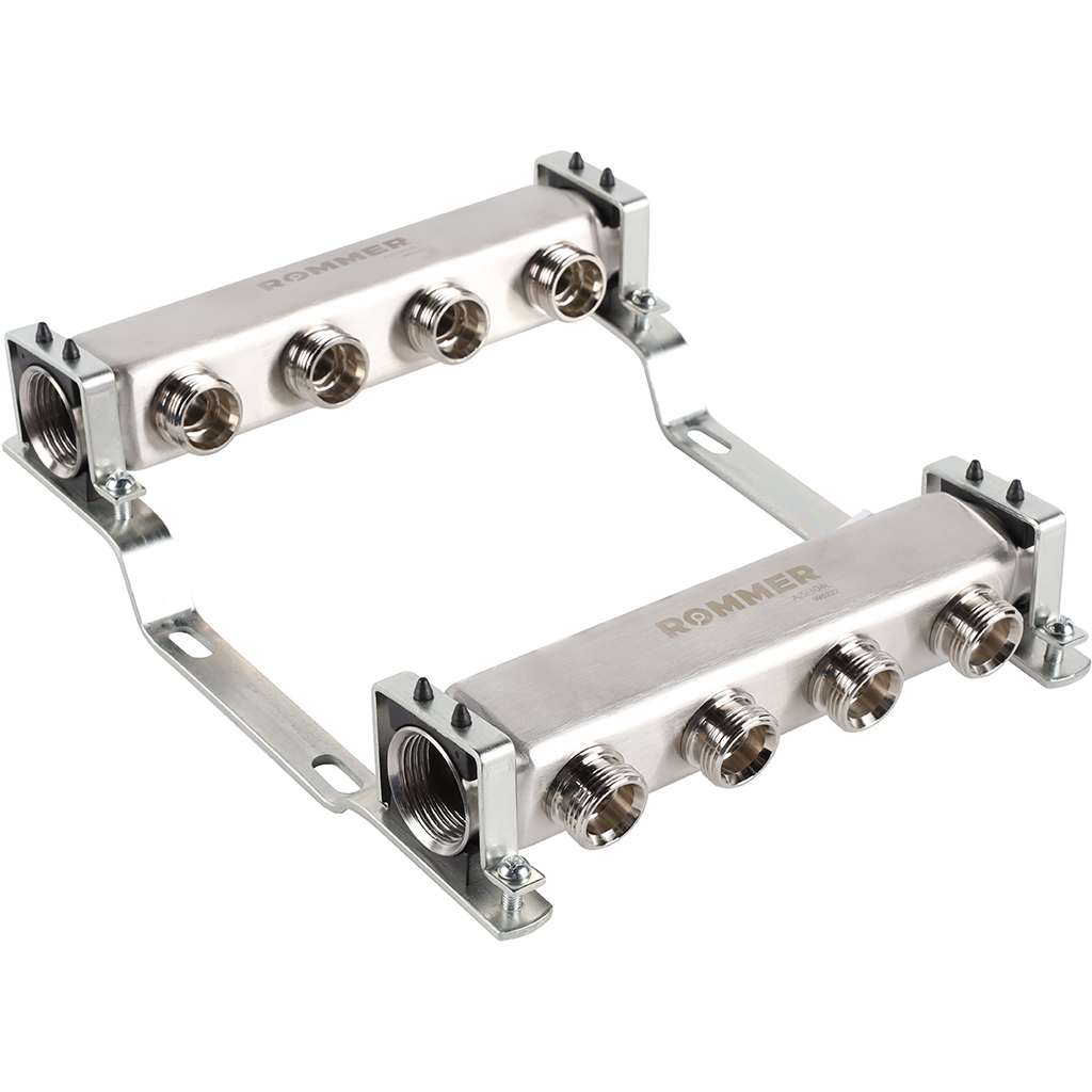 Коллектор из нержавеющей стали ROMMER для радиаторной разводки 4 выхода, RMS-4401-000004