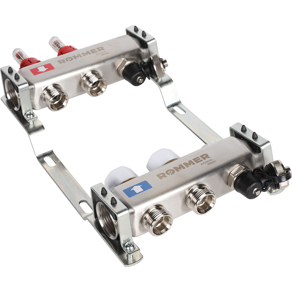 Коллектор из нержавеющей стали с расходомерами ROMMER, с клапаном вып. воздуха и сливом 2 выхода