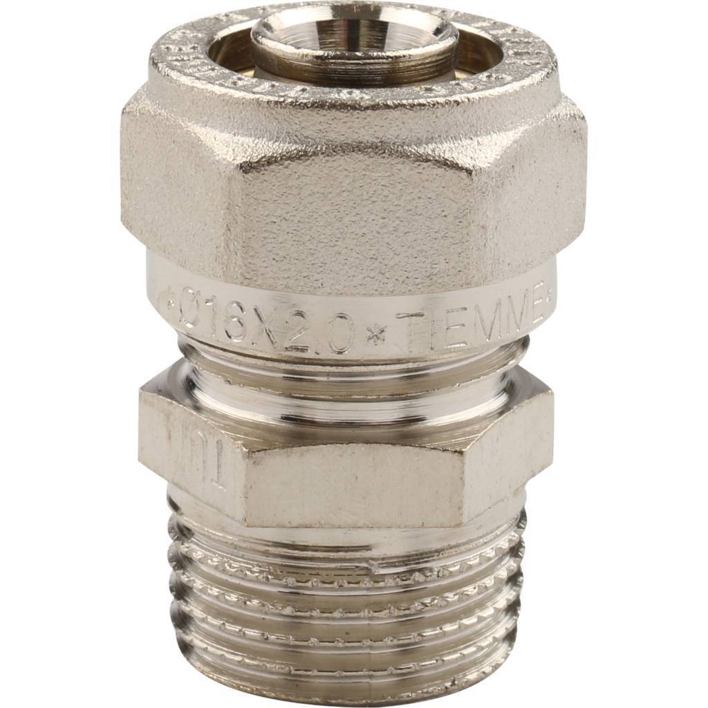Муфта TIEMME с наружной резьбой (16х2.0х1/2) для металлопластиковых труб винтовой, 1600001