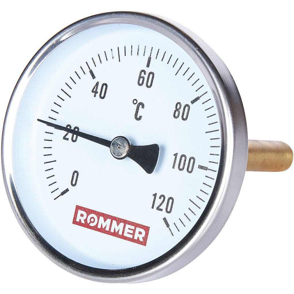 Термометр биметаллический ROMMER 80 мм 120 градусов с погружной гильзой 100 мм 1/2