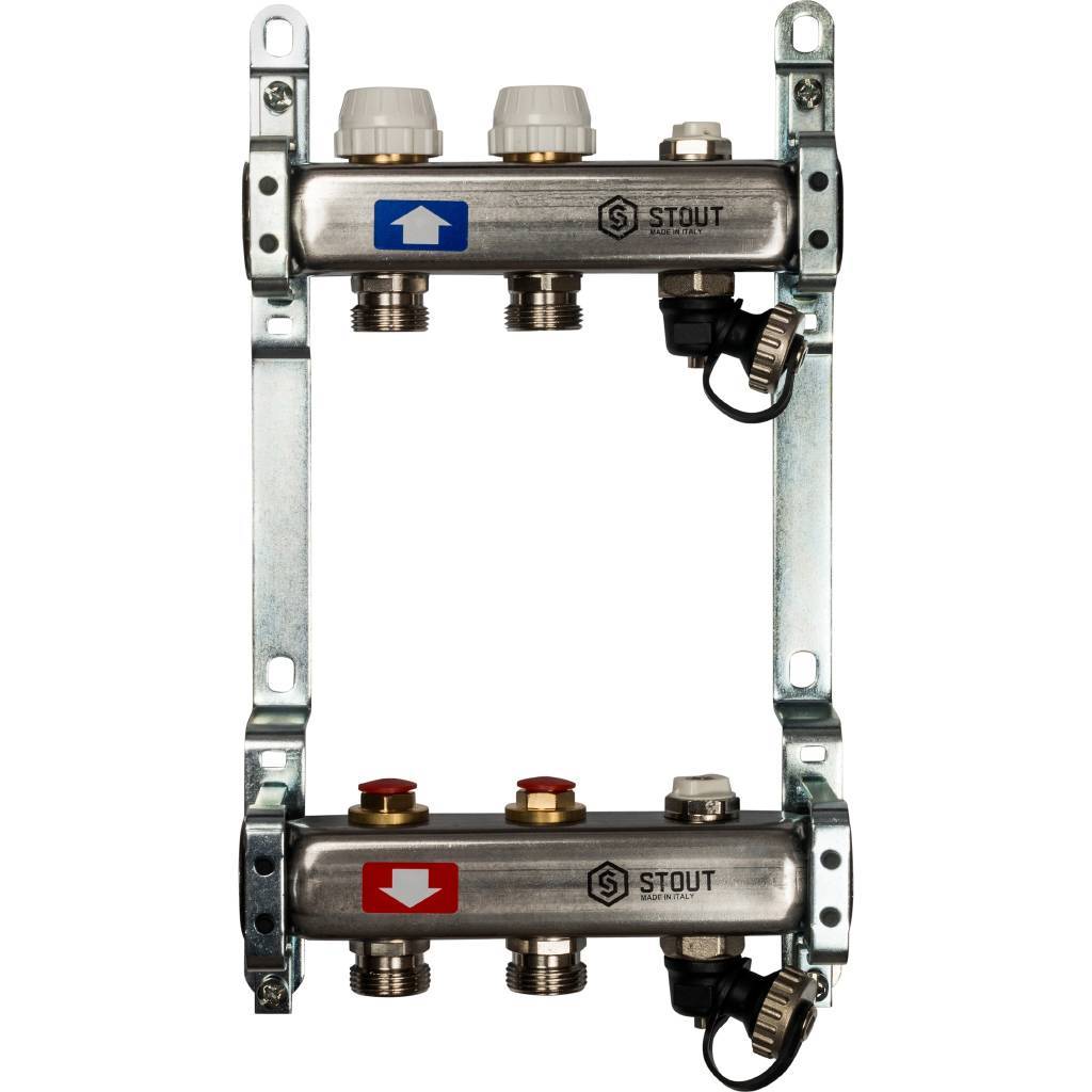 Коллектор из нержавеющей стали без расходомеров, с клапаном вып. воздуха и сливом STOUT 2 выхода