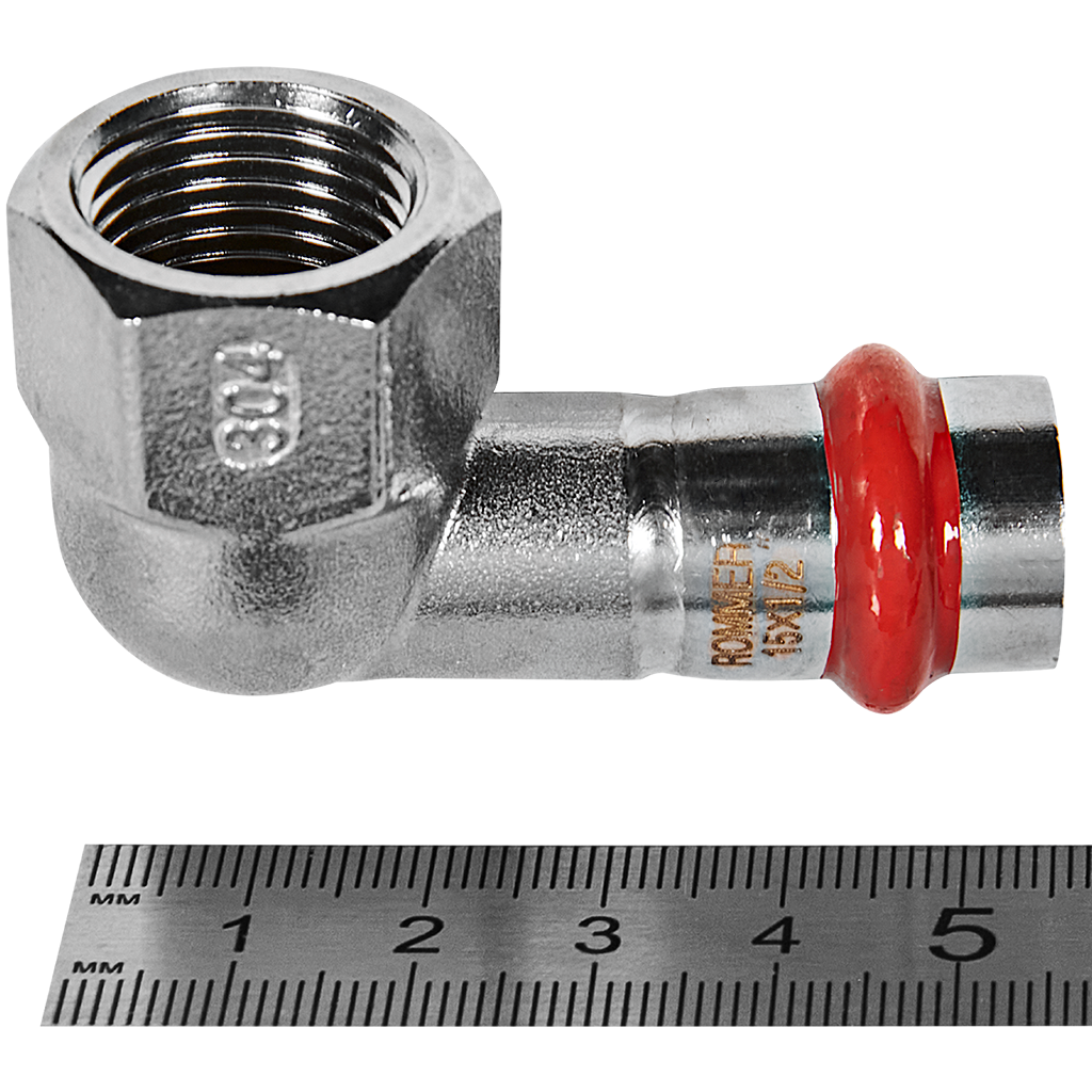 Угольник ROMMER-переходник-ВР, 15х1/2, из нержавеющей стали прессовой
