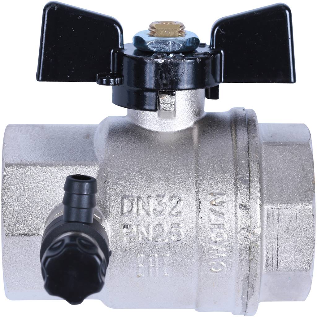 Кран шаровой BUGATTI Oregon 1 1/4 с дренажем и воздухоотводчиком, (ручка-бабочка) внут-внут резьба