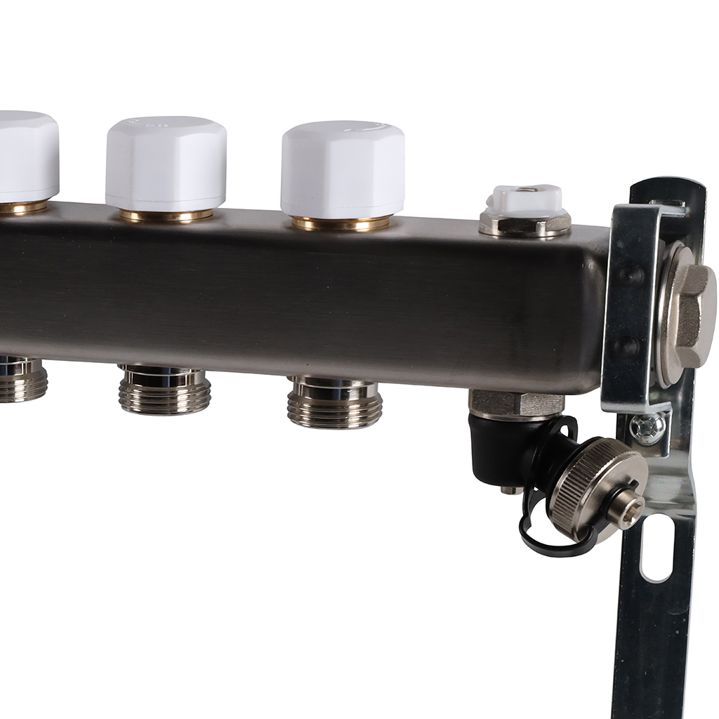 Коллектор из нержавеющей стали без расходомеров ROMMER, с клапаном вып. воздуха и сливом 9 выходов, RMS-3201-000009