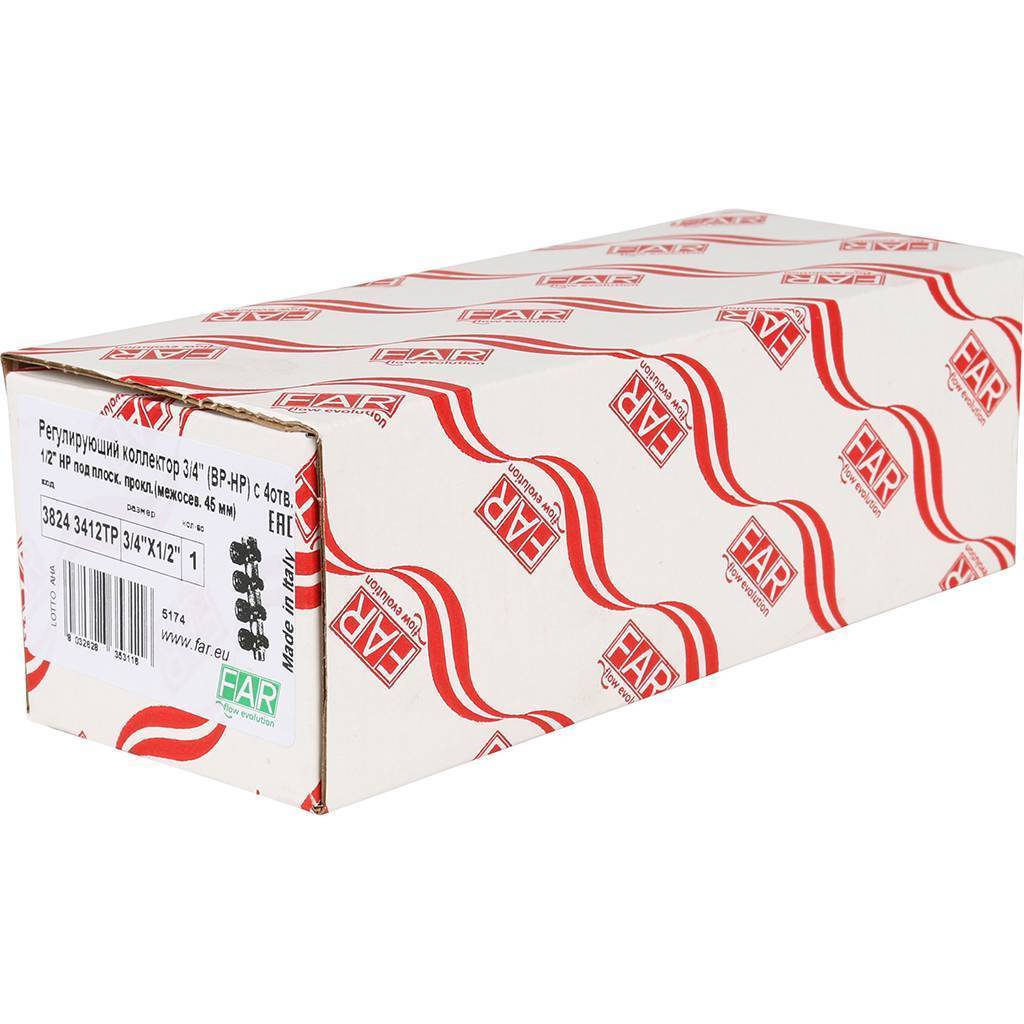 Коллектор распределительный FAR 3/4 , проходной, хромированный, 4 отвода 1/2  плоское уплотнение