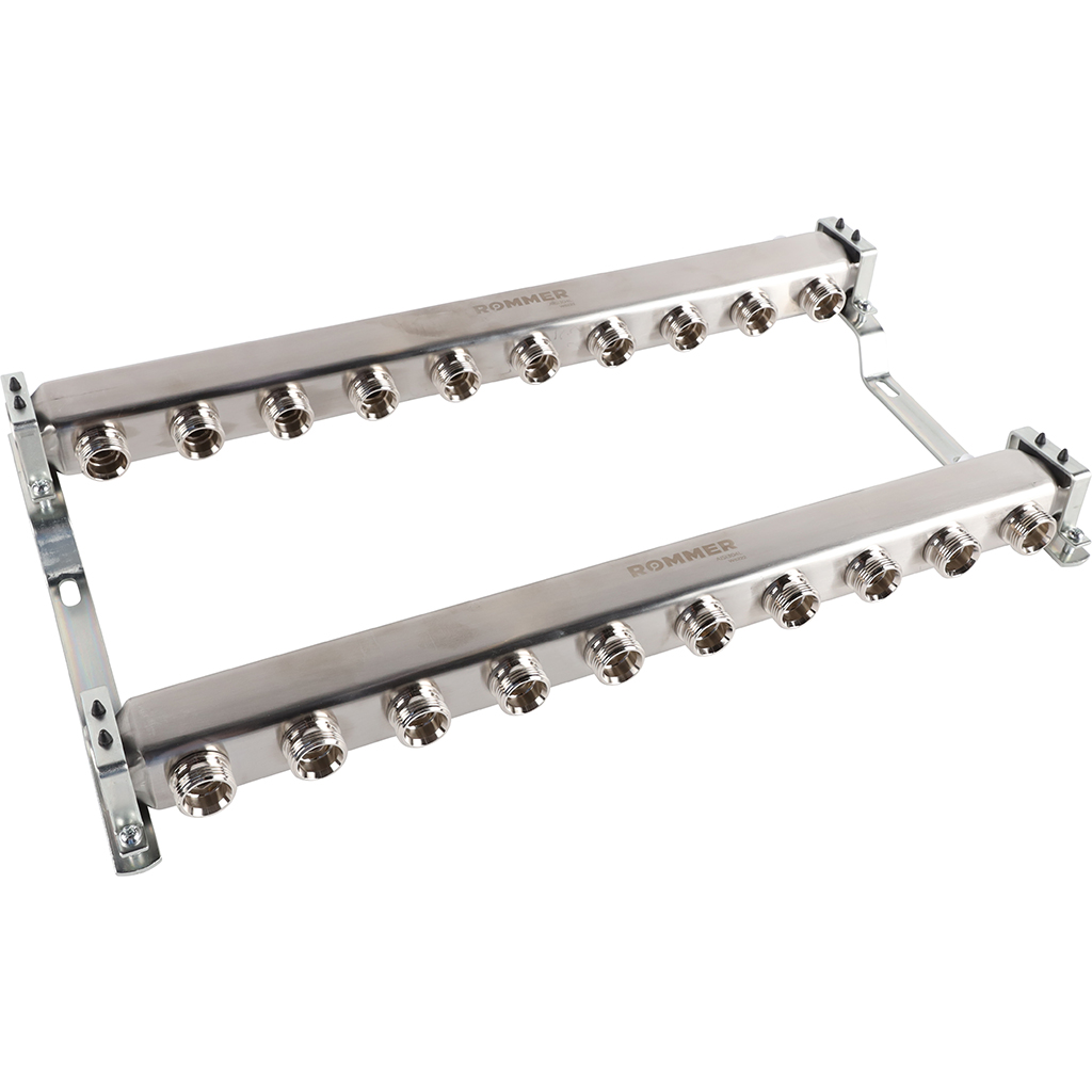 Коллектор из нержавеющей стали ROMMER для радиаторной разводки 10 выходов, RMS-4401-000010