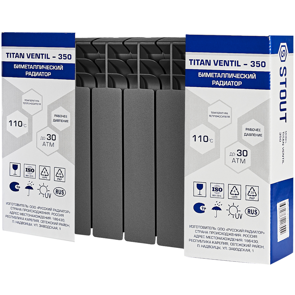 Радиатор биметаллический нижнее правое подключение STOUT TITAN VENTIL 350 8 секций (графит RAL 7024), SRB-3320-035008 7024