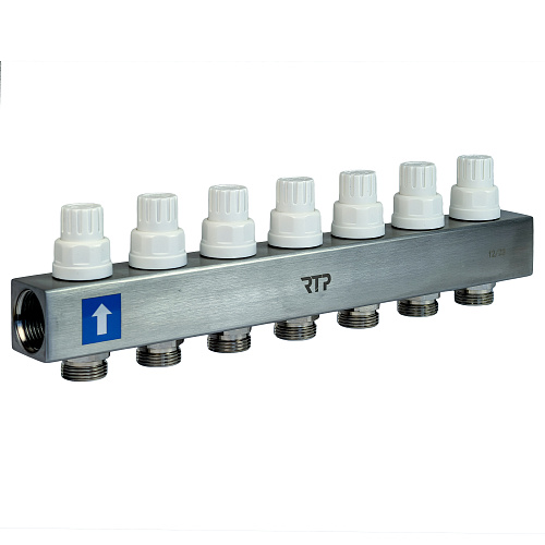 Коллекторная группа с расходомером и кронштейном (евроконус 3/4) нержавеющая сталь SUS 304 1х 7 выходов, RTP