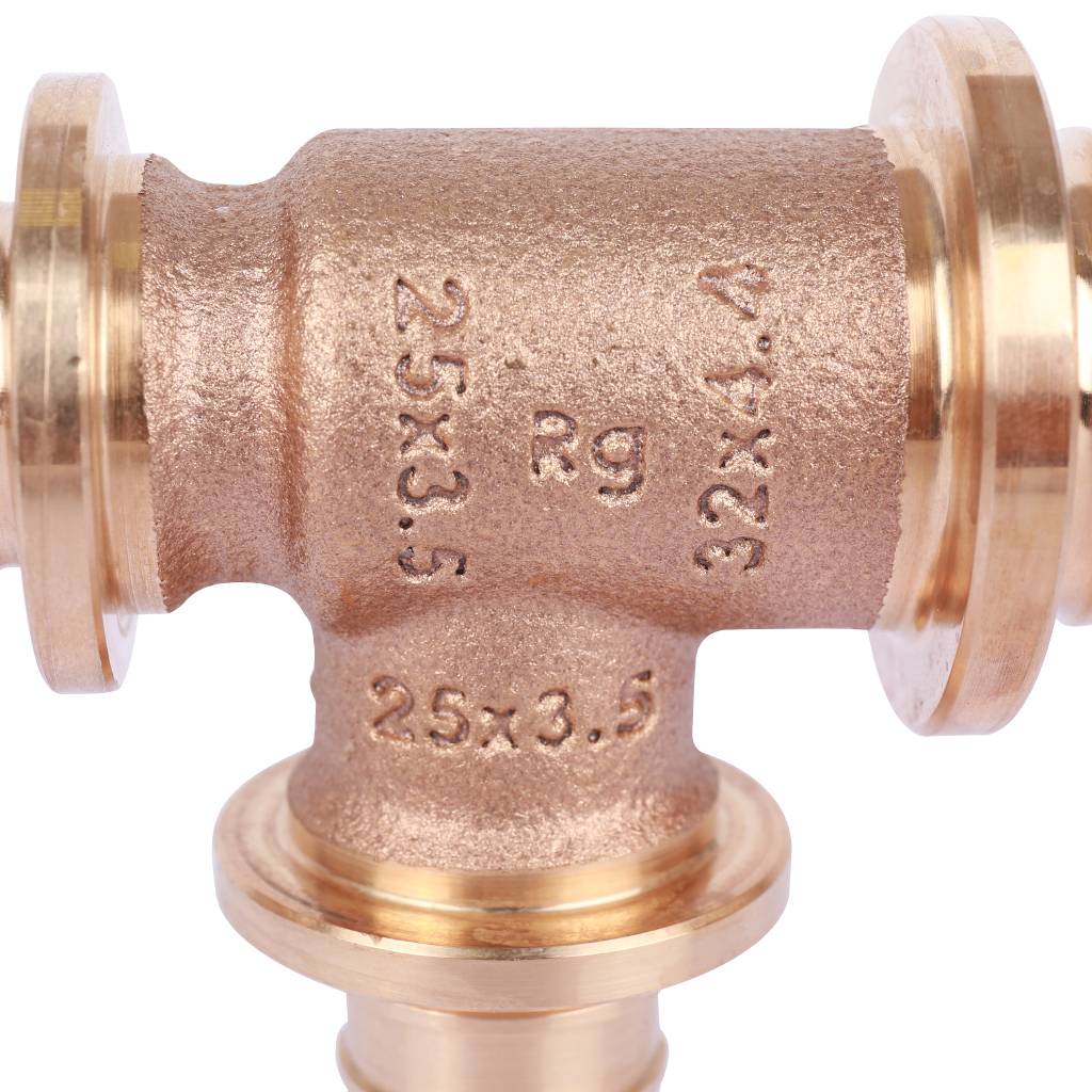 Тройник РЕХАУ RAUTITAN PLATINUM с уменьшенным боковым и торцевым проходами 32-25-25RX для труб из сшитого полиэтилена аксиальный, 13777461001