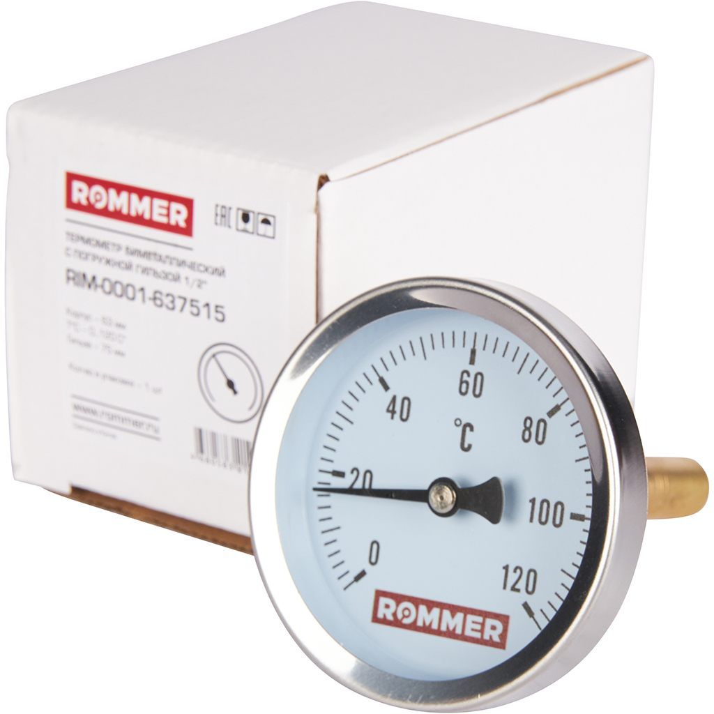 Термометр биметаллический ROMMER 63 мм 120 градусов с погружной гильзой 75 мм 1/2