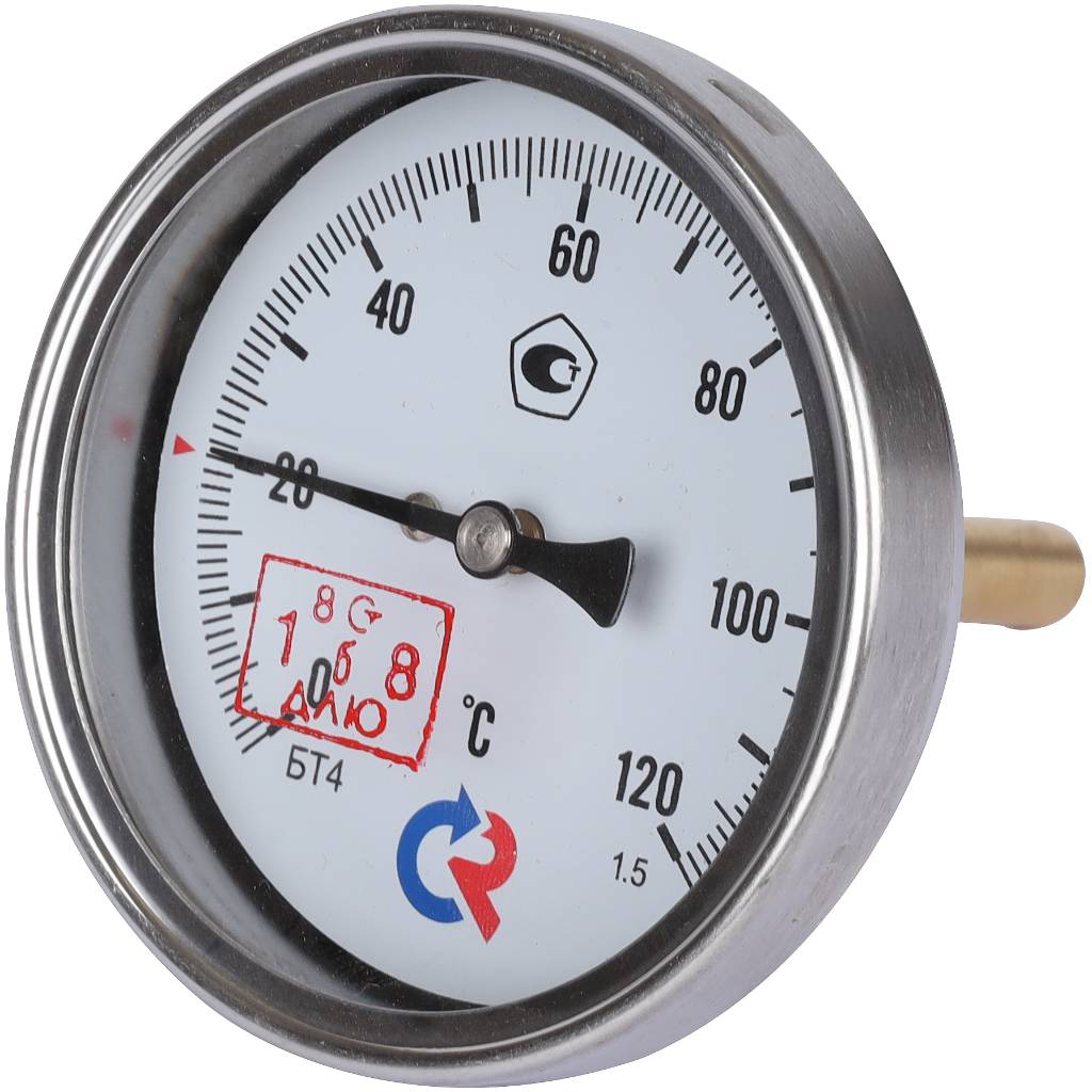 Термометр биметаллический погружной РОСМА 80 мм c гильзой 120 градусов 1/2 осевой шток 64х6 мм БТ-41.211