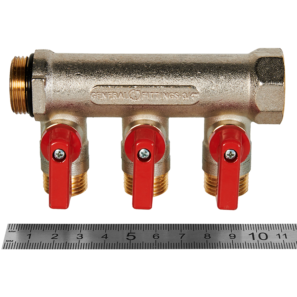 Коллектор с шаровыми кранами STOUT 3/4 , 3 отвода 1/2  (красные ручки)