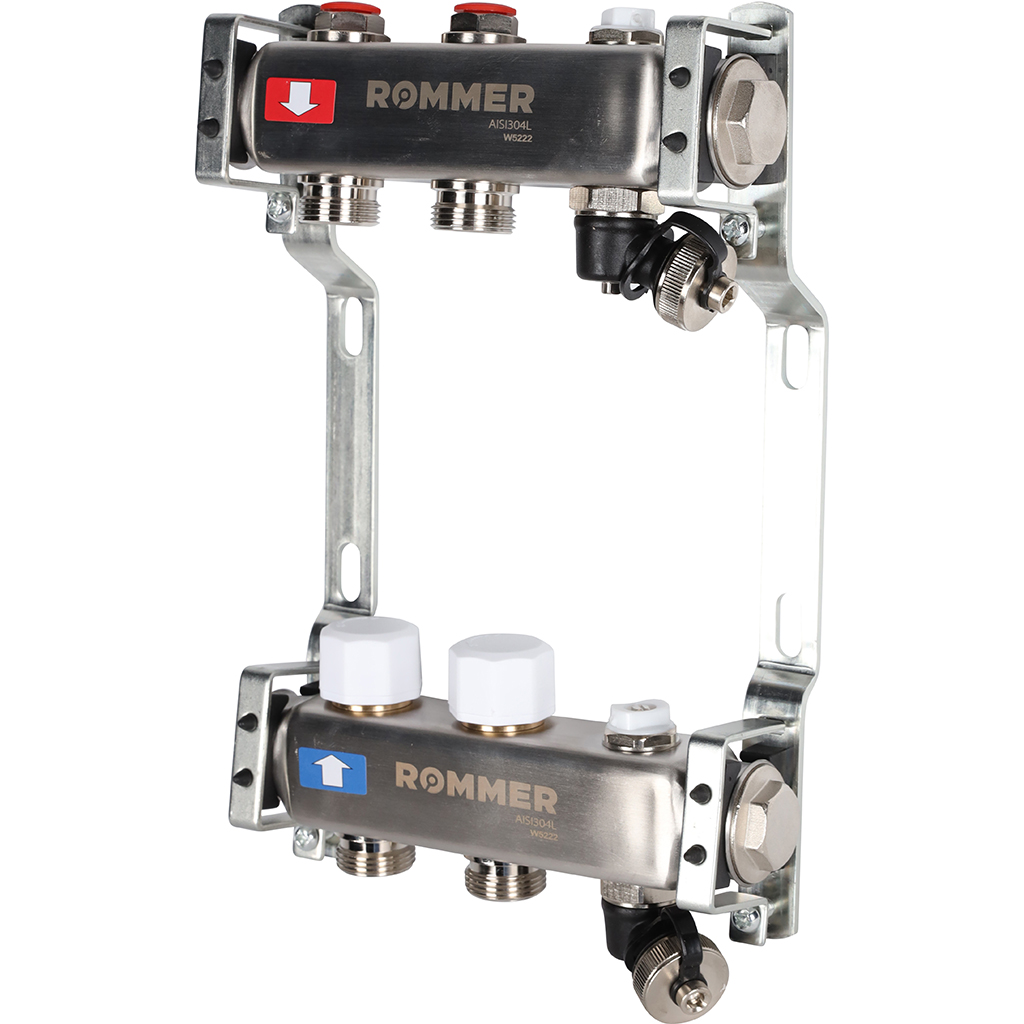 Коллектор из нержавеющей стали без расходомеров ROMMER, с клапаном вып. воздуха и сливом 2 выхода