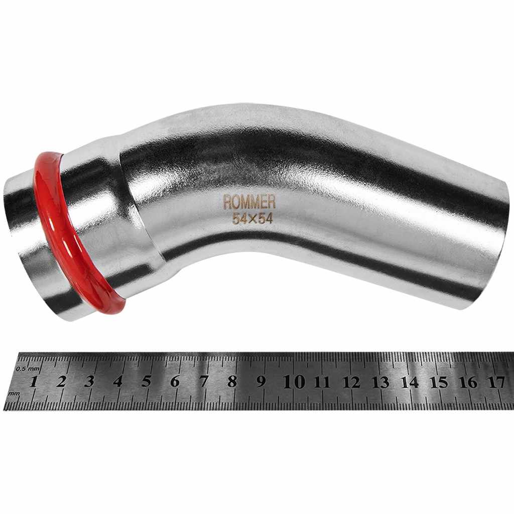 Угольник ROMMER однораструбный 45° ВПр-НПр, 54, из нержавеющей стали прессовой, RSS-1004-000054
