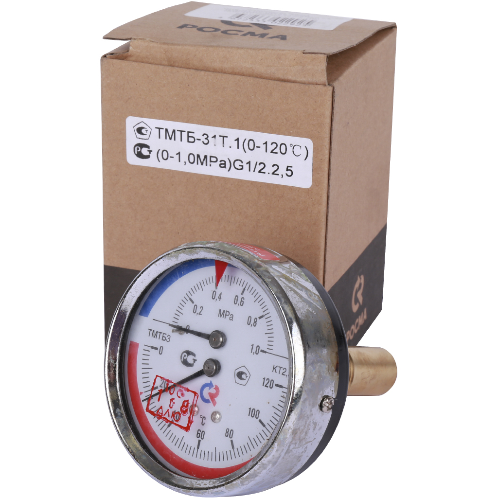 Термоманометр РОСМА 80 мм 120 градусов 1/2 длина клапана 46 мм давление 1 MPa осевое присоединение ТМТБ-31T.1