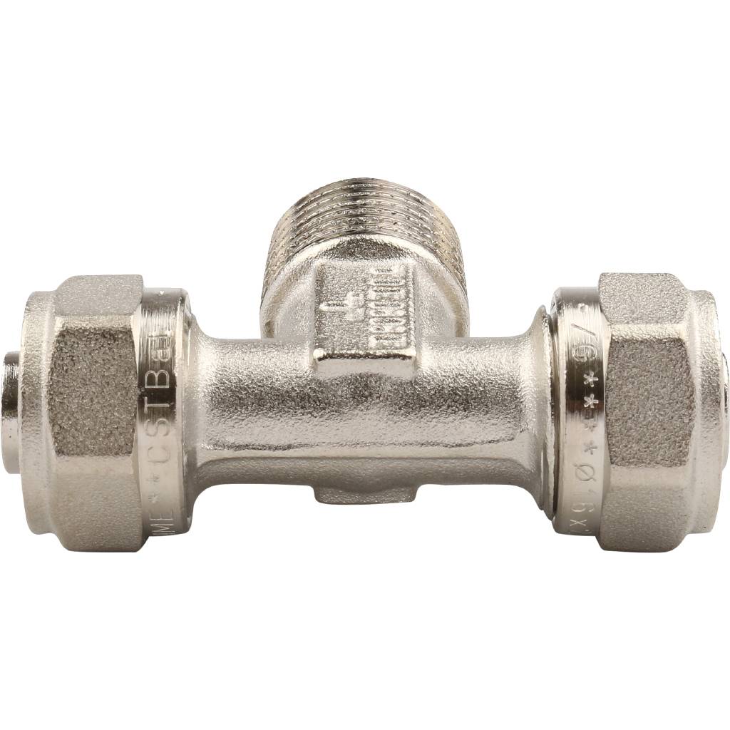 Тройник TIEMME с наружной резьбой (16х2.0х1/2) для металлопластиковых труб винтовой, 1600038