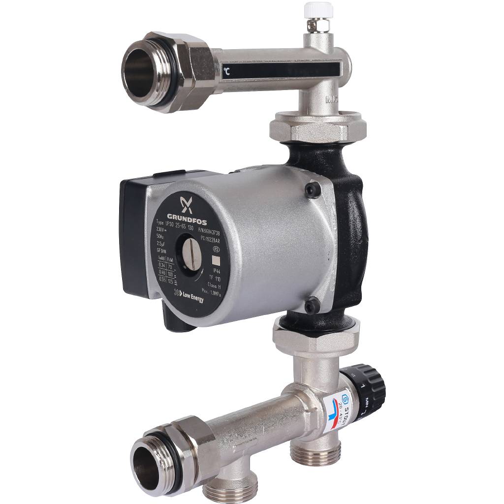 Насосно-смесительный узел STOUT SDG-0120 с термостатическим клапаном 20-43°C жидкокристаллическим термометром, с насосом UPSO 25-65, 130 mm, SDG-0120-005001