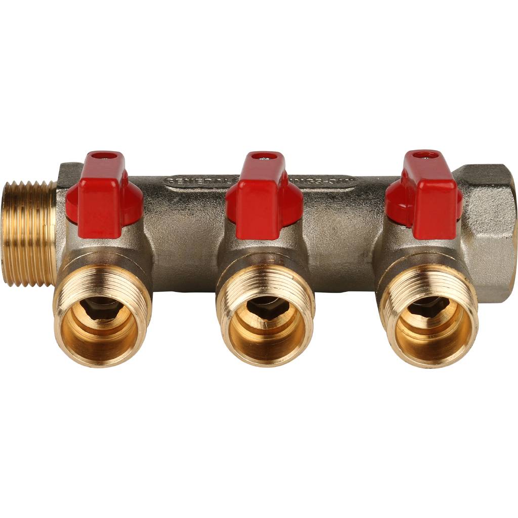 Коллектор с шаровыми кранами STOUT 3/4 , 3 отвода 1/2  (красные ручки)