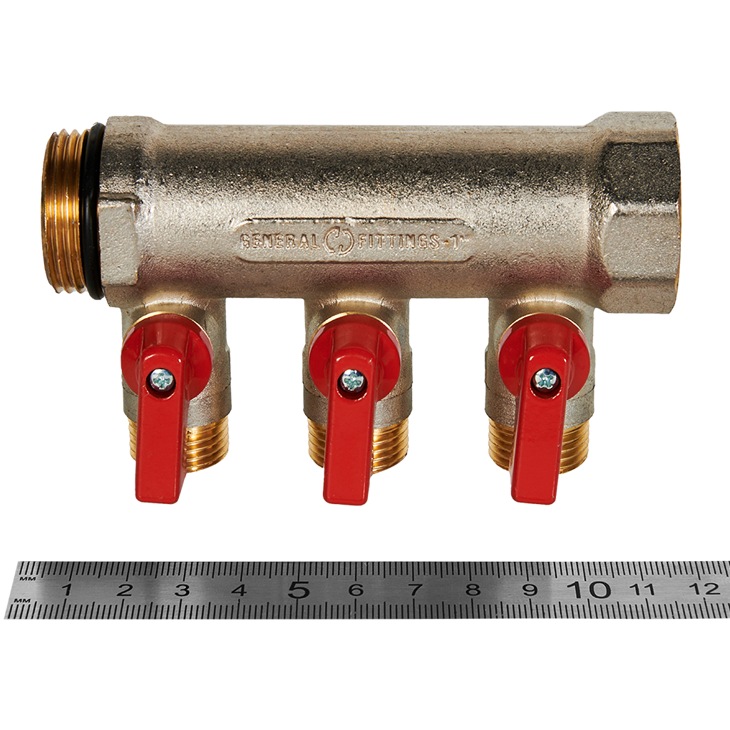 Коллектор с шаровыми кранами STOUT 1, 3 отвода 1/2  (красные ручки)