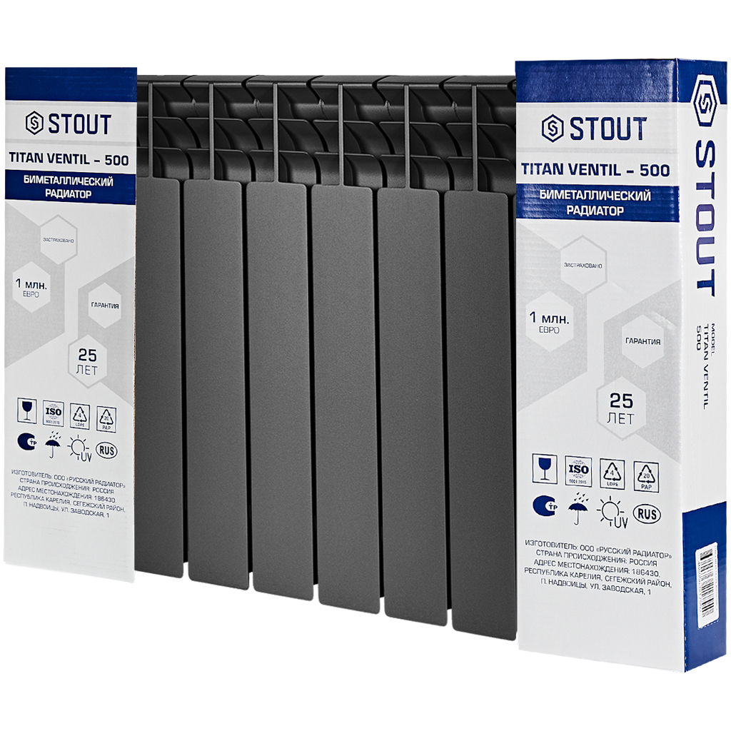 Радиатор биметаллический нижнее правое подключение STOUT TITAN VENTIL 500 10 секций (графит RAL 7024), SRB-3320-050010 7024