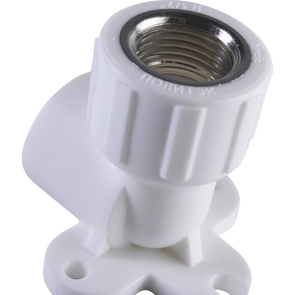 Угольник Политэк 25х1/2 с внутренней резьбой с креплением для полипропиленовых труб под сварку (цвет белый), 9400082512