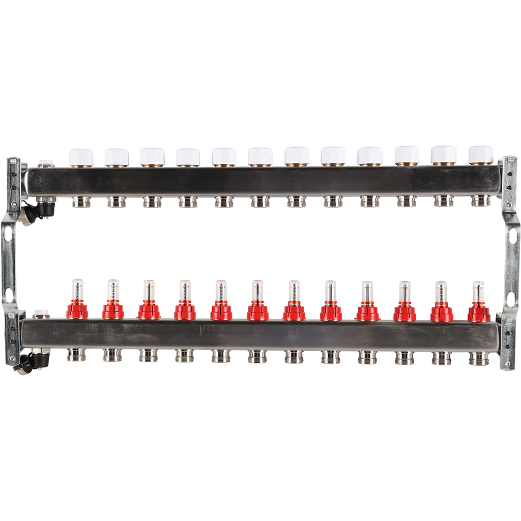 Коллектор из нержавеющей стали с расходомерами ROMMER, с клапаном вып. воздуха и сливом 12 выходов