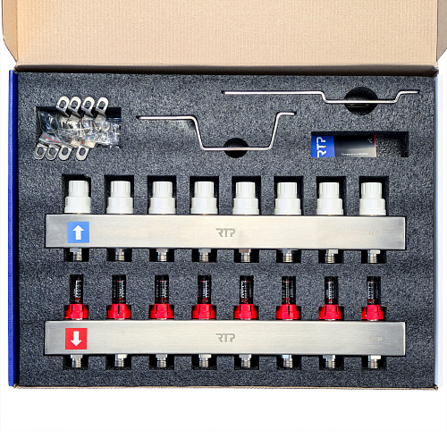 Коллекторная группа с расходомером и кронштейном (евроконус 3/4) нержавеющая сталь SUS 304 1х 8 выходов, RTP