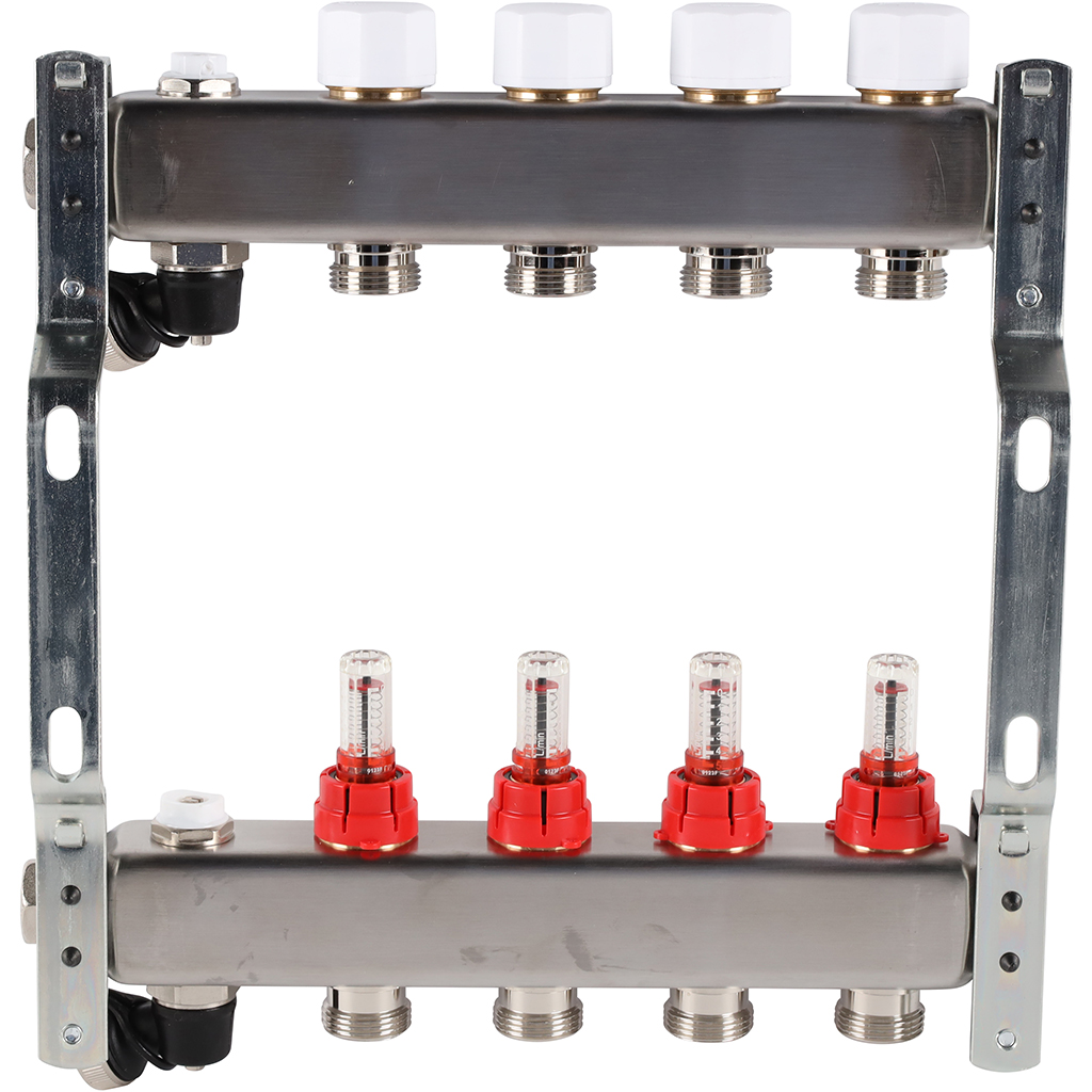 Коллектор из нержавеющей стали с расходомерами ROMMER, с клапаном вып. воздуха и сливом 4 выхода, RMS-1201-000004