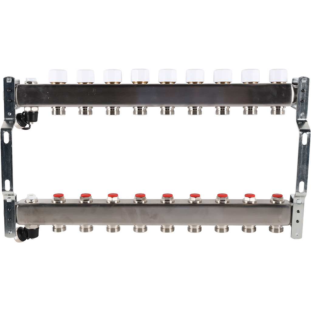 Коллектор из нержавеющей стали без расходомеров ROMMER, с клапаном вып. воздуха и сливом 9 выходов, RMS-3201-000009