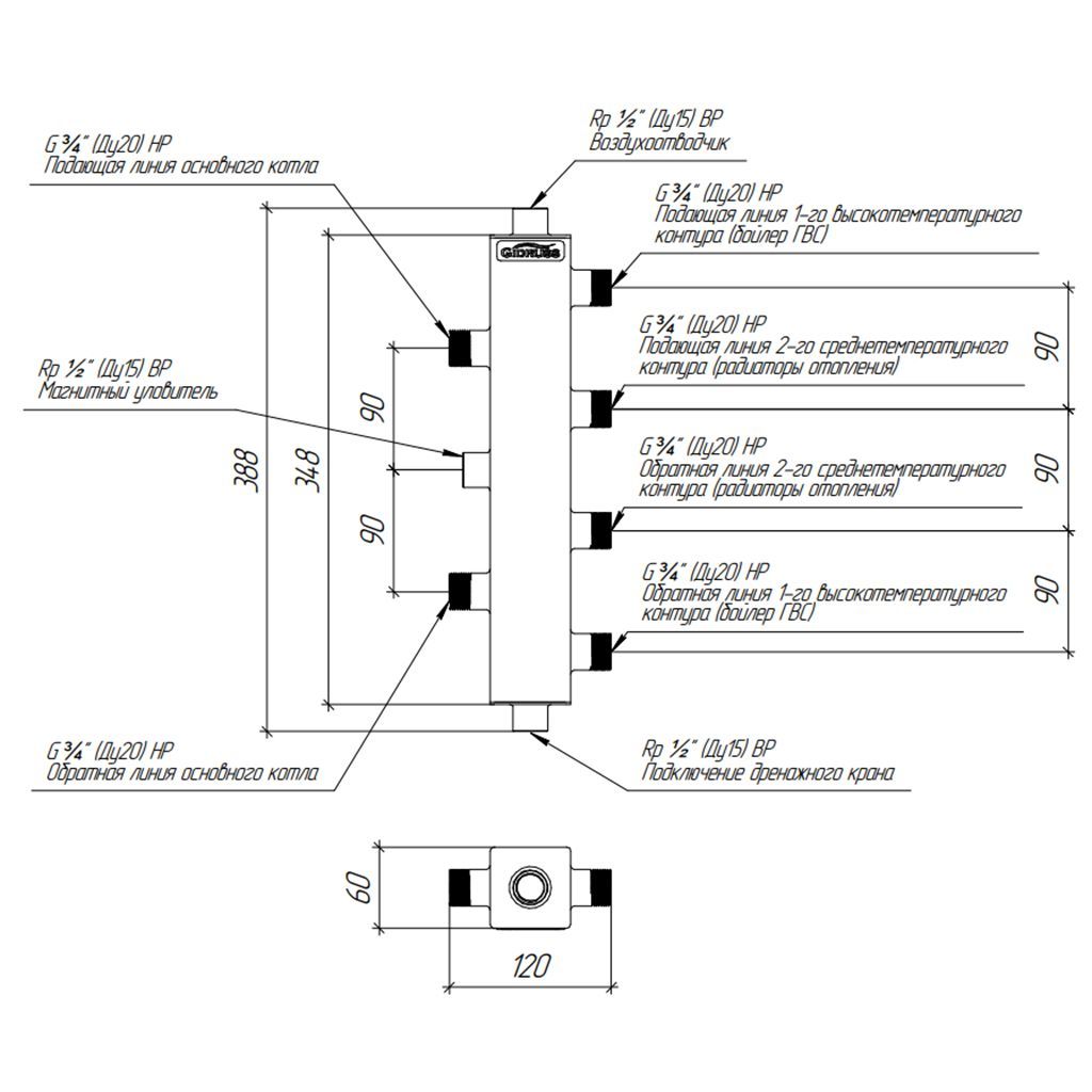 Термогидравлический разделитель GIDRUSS TGRSS-40-20x2 (нерж., до 40 кВт, 2 контура G, встроенный сепаратор)