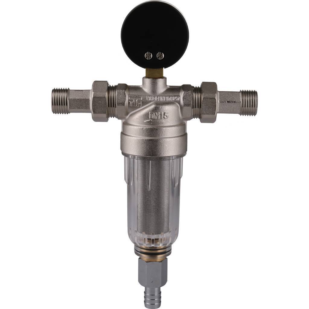 Фильтр с манометром TIEMME 1/2 со сгонами, с прозрачной пластиковой колбой, промывной, 3130002