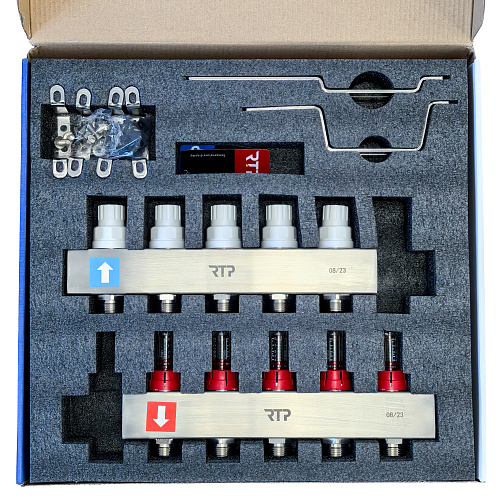 Коллекторная группа с расходомером и кронштейном (евроконус 3/4) нержавеющая сталь SUS 304 1х 5 выходов, RTP