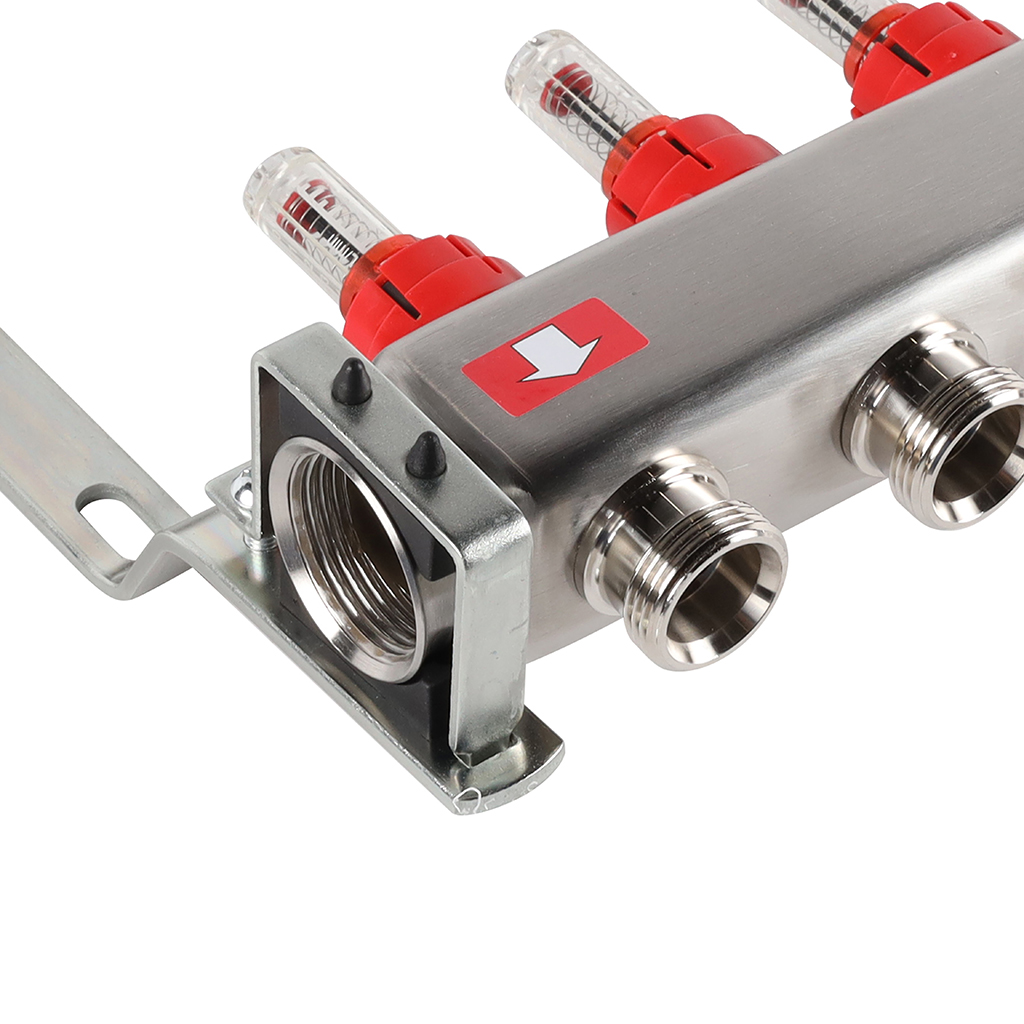 Коллектор из нержавеющей стали с расходомерами ROMMER, с клапаном вып. воздуха и сливом 5 выходов, RMS-1201-000005