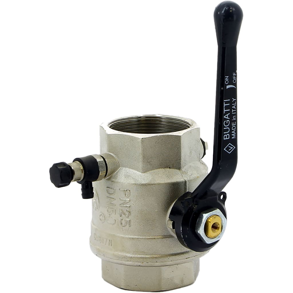 Кран шаровой BUGATTI Oregon 2 с дренажем и воздухоотводчиком, (ручка-рычаг алюминий) внут-внут резьба