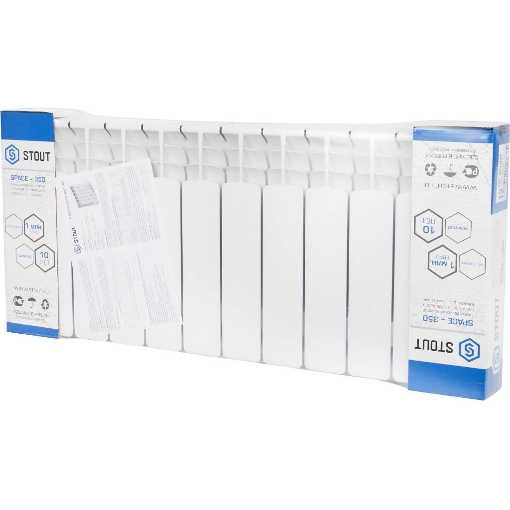 Радиатор биметаллический STOUT Space 350 12 секций боковое подключение RAL9016, SRB-0310-035012